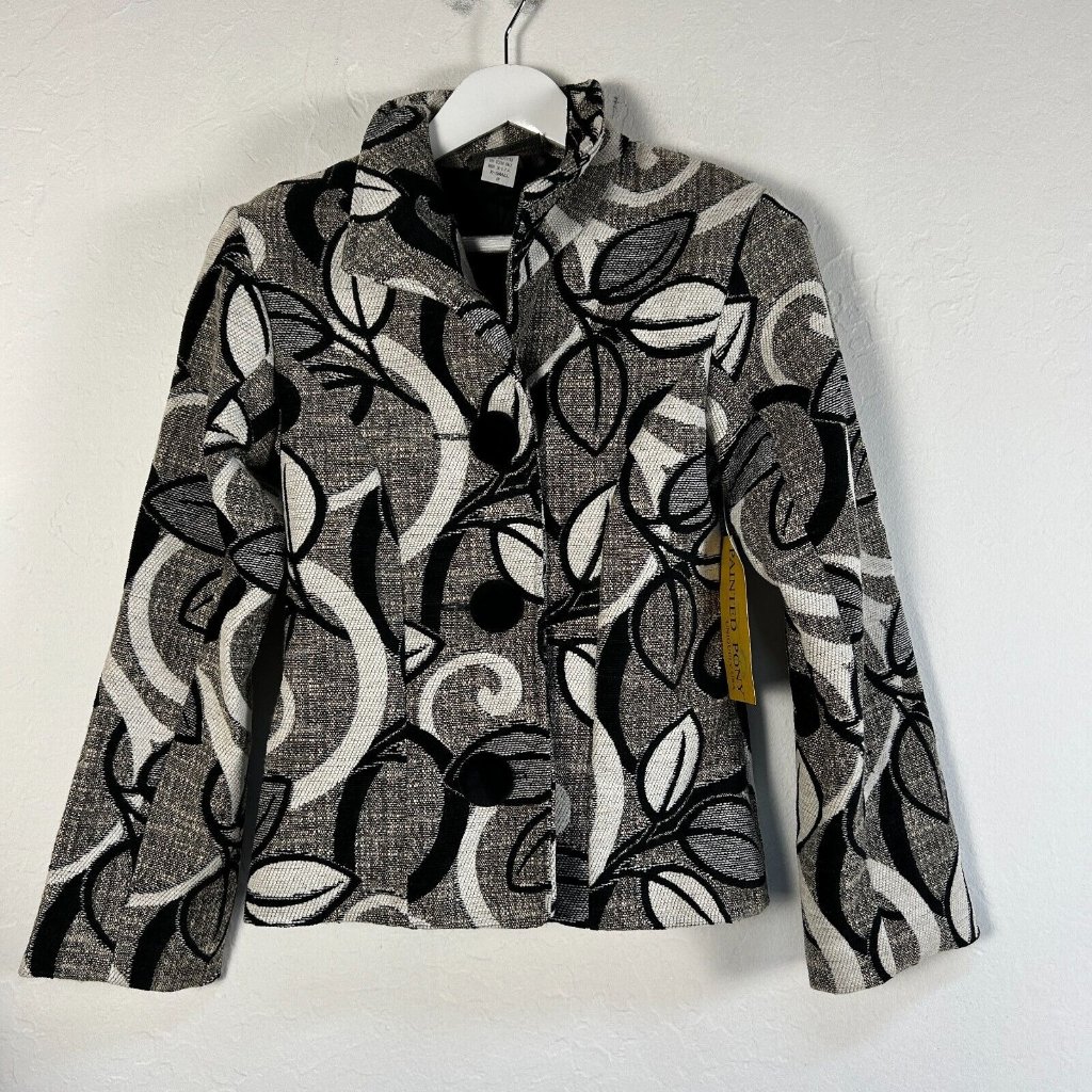 Painted Pony Women Advantage Domino Black & White Leaf Blazer Jacket Xs New $155